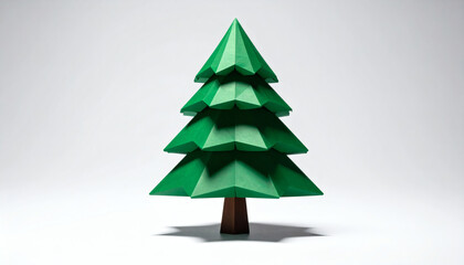 Fototapeta premium Low-poly evergreen tree with faceted polygon needles on a white background showcasing geometric nature design, modern 3D tree illustration, and minimalist digital art style