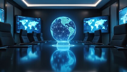 Holographic globe glows in modern boardroom. Blue light illuminates digital earth model at center of conference table. Screens display world maps, creating tech atmosphere. Ideal for business