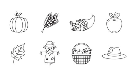 Hand drawn autumn harvest elements including pumpkin wheat scarecrow apple cornucopia and hat vector