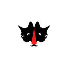 A mirrored feline portrait with red nose and mustache. Black cats face each other, sharing a nose