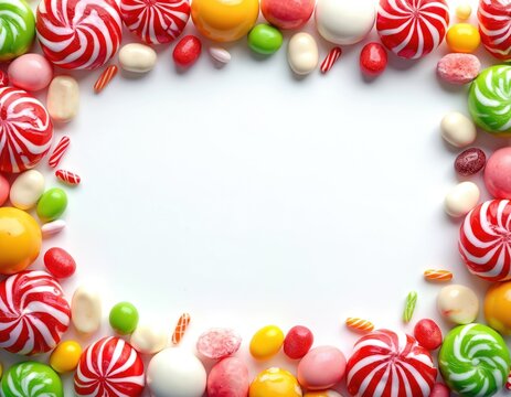 Colorful assorted candies form a border on white background. Lollipops, gumdrops, jelly beans and other sweets create a vibrant frame for text or design elements. Fun and festive treat collection.