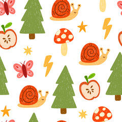 Crayon kid seamless pattern. Hand drawn pencil doodle style background with butterfly, snail, apple, mushroom and tree. Naive baby vector wallpaper for kids stationery with funky shapes and elements