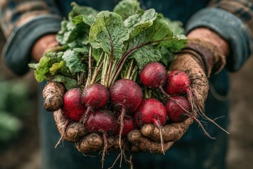 Hands of a gardener holding freshly harvested radishes with green leaves, showcasing earthy textures and vibrant colors in a natural outdoor setting, emphasizing organic farming practices