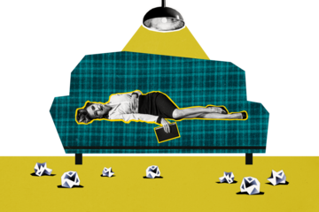 Composite photo collage of upset girl work failure psychotherapy session lay sofa light ray crumpled paper isolated on painted background