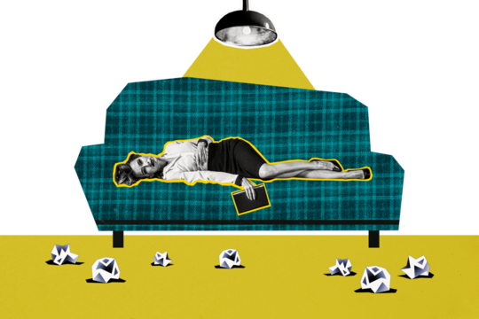 Composite photo collage of upset girl work failure psychotherapy session lay sofa light ray crumpled paper isolated on painted background