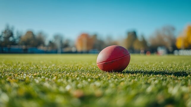 Rugby Ball Resting on Grass Field, American Style Sports Gear Ready for Summer Training Session - Powered by Adobe