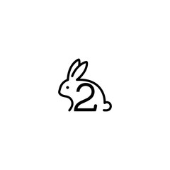 A minimalist logo depicting a rabbit and the number two, both formed with black lines on white