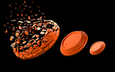 3D rendering of shattered  clay shooting target set on a black background © Suttiwan
