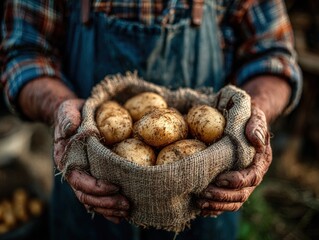 Farmer holding a burlap sack filled with freshly harvested potatoes, showcasing the bounty of the land and the connection to agriculture and nature's produce
