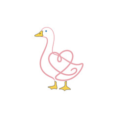 A line art depiction of a goose with a heart shape in pink, yellow feet, and a blue eye