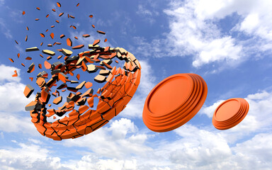 3D rendering of shattered  clay shooting target set in blue sky background © Suttiwan
