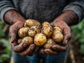 Hands of a farmer holding freshly harvested potatoes, showcasing earthy textures and natural colors, symbolizing agricultural labor and dedication to sustainable farming practices