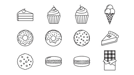 Collection of hand drawn dessert icons with sweet treats and pastries in sketchy style vector