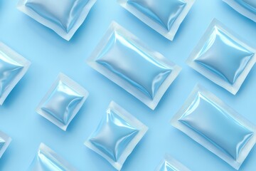 Creative graphic layouts for advertising pouches in a bright blue theme