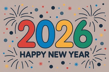 Colorful 2026 Happy New Year greeting card with fireworks and confetti on a light brown background.