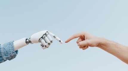 A robotic hand reaches out to touch a human hand, symbolizing the connection between technology and humanity against a clear blue sky.