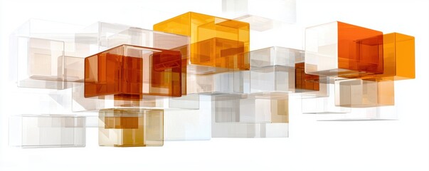 Abstract composition featuring transparent and colored cubes in orange and brown hues, creating a modern, artistic visual effect.