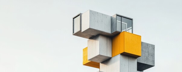 A modern architectural structure featuring geometric shapes in concrete and bright yellow accents against a clear sky.
