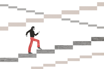 Composite photo collage of happy businesswoman walk promotion ladder development concept office leader isolated on painted background