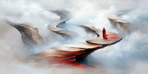 A serene figure in red stands on a floating platform amidst swirling clouds, evoking a sense of introspection and connection to the ethereal.