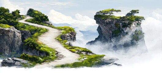 A serene landscape featuring a winding path leading through lush greenery, rocky outcrops, and misty clouds, evoking a sense of tranquility and adventure.