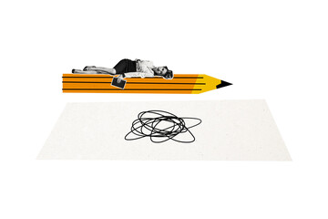 Composite artwork collage image picture of mini elegant girl laying big pencil isolated on creative...