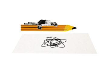 Composite artwork collage image picture of mini elegant girl laying big pencil isolated on creative background