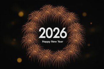 Happy New Year 2026 celebration with golden fireworks forming a circular wreath on a dark background.