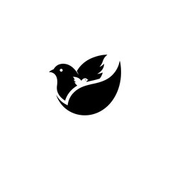 A minimalist bird logo with two birds, one small within a larger, stylized leaf or wing