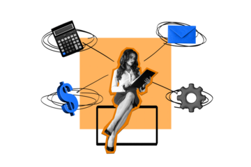 Composite artwork collage of office manager multitask work young lady silhouette sit hold clipboard mind bulb money sms gear calculator