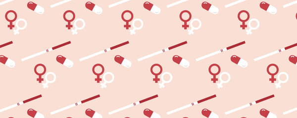 Seamless pattern with a pregnancy test and hormonal birth control pills. Pregnancy planning and conception theme. Female reproductive system and gynecology concept