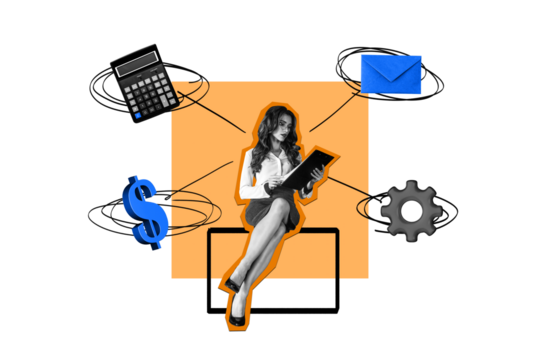 Composite artwork collage of office manager multitask work young lady silhouette sit hold clipboard mind bulb money sms gear calculator