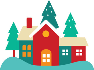 Fototapeta premium Colorful cartoon houses and trees on snow winter christmas