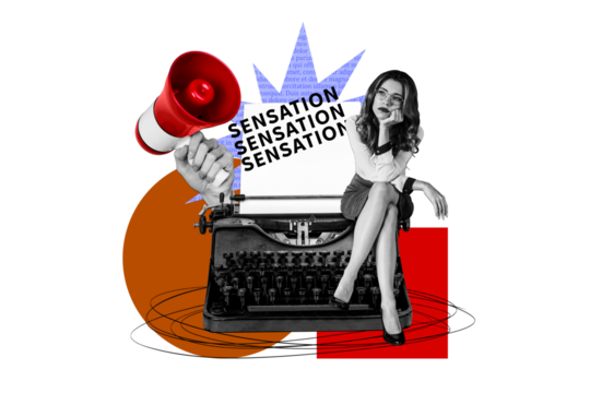 Composite trend artwork sketch photo collage of young lady sad emoji sit typewriter machine loudspeaker breaking news sensation word