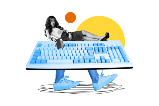 Composite trend artwork sketch collage of person keyboard body walk legs shoes technology young lady office manager lying under hold book