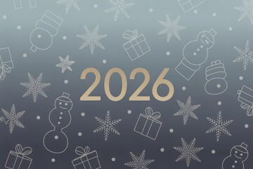 A golden "2026" on a gradient background with winter holiday patterns.