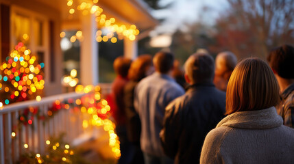 Obraz premium Out of focus group near decorated porch warm golden and multicolored lights glowing softly in background holiday exterior soft blur evening cheer neighborhood gathering anonymous