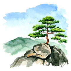 Watercolor Painting of a Bonsai Tree on a Rocky Outcrop