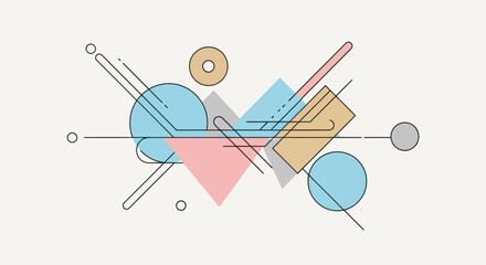 Abstract geometric composition featuring circles, squares, triangles, and lines in pastel colors against a light background.
