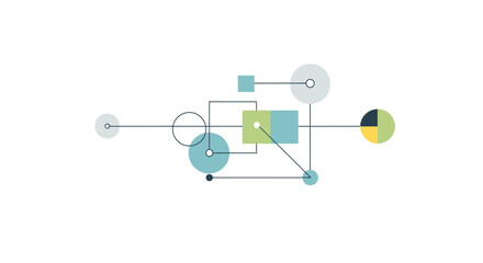 Abstract infographic design showing a network of connected geometric shapes and data points.