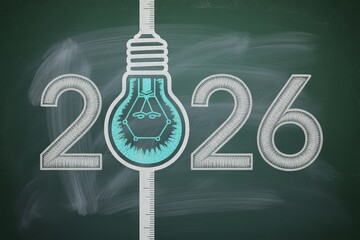 Chalk drawing of the year 2026 on a green blackboard, with a glowing light bulb replacing the zero, symbolizing new ideas and future innovation.