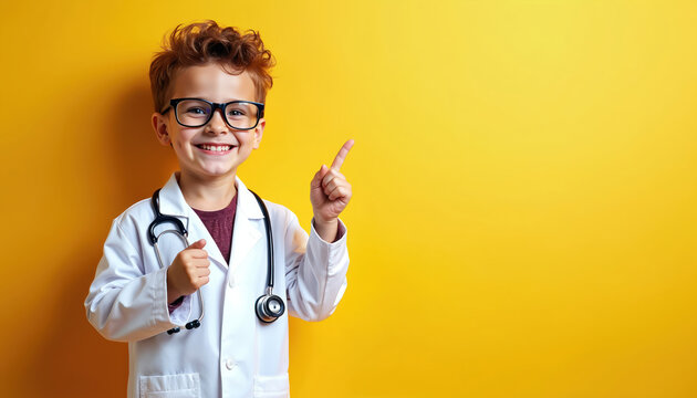 Smiling child doctor in white coat points finger up on yellow. Boy with stethoscope, glasses shows copy space for advertisement in clinic. Pediatrician indicates empty place for advert. Kid promotes - Powered by Adobe