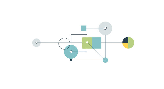 Abstract infographic design showing a network of connected geometric shapes and data points.