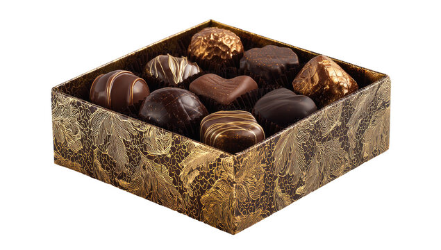A square, ornate box filled with a dozen assorted, detailed chocolates on a dark background