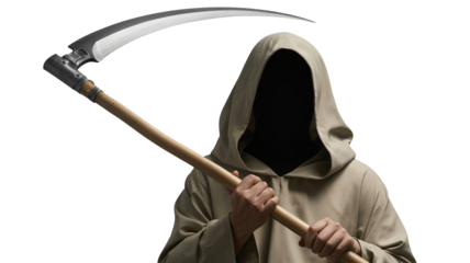 Grim reaper wielding scythe hooded figure shrouded in mystery