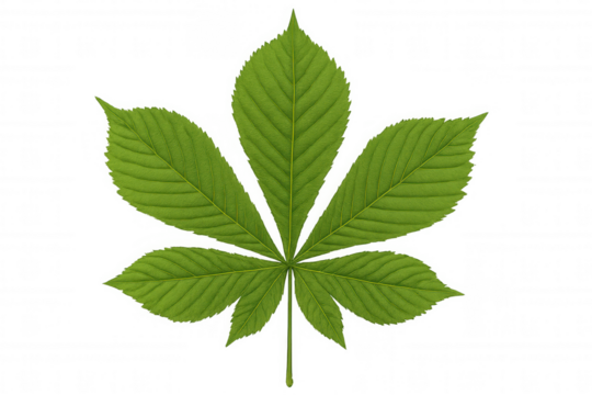 Green horse chestnut leaf isolated with transparent background, showing detailed venation and fresh spring foliage