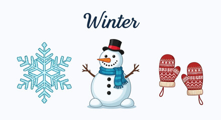 A festive winter illustration featuring a snowflake, a snowman, and a pair of mittens.
