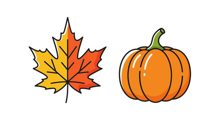 A vibrant illustration featuring a colorful maple leaf and a plump orange pumpkin, both isolated on white.