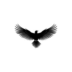 A stylized black silhouette of a bird of prey with wings outstretched on a white background