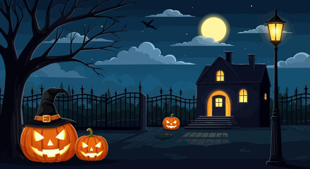 Halloween night scene with pumpkins, a spooky house, a full moon, and a street lamp illuminating the eerie landscape. © Dlomiro